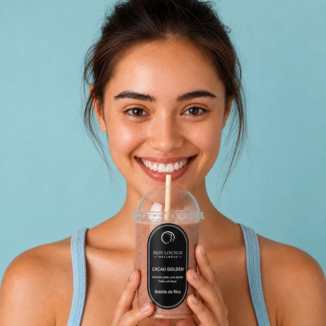 Cacau Golden — smoothie anti-inflamatório com manga, coco e cacau em copo personalizado Bebida de Rica